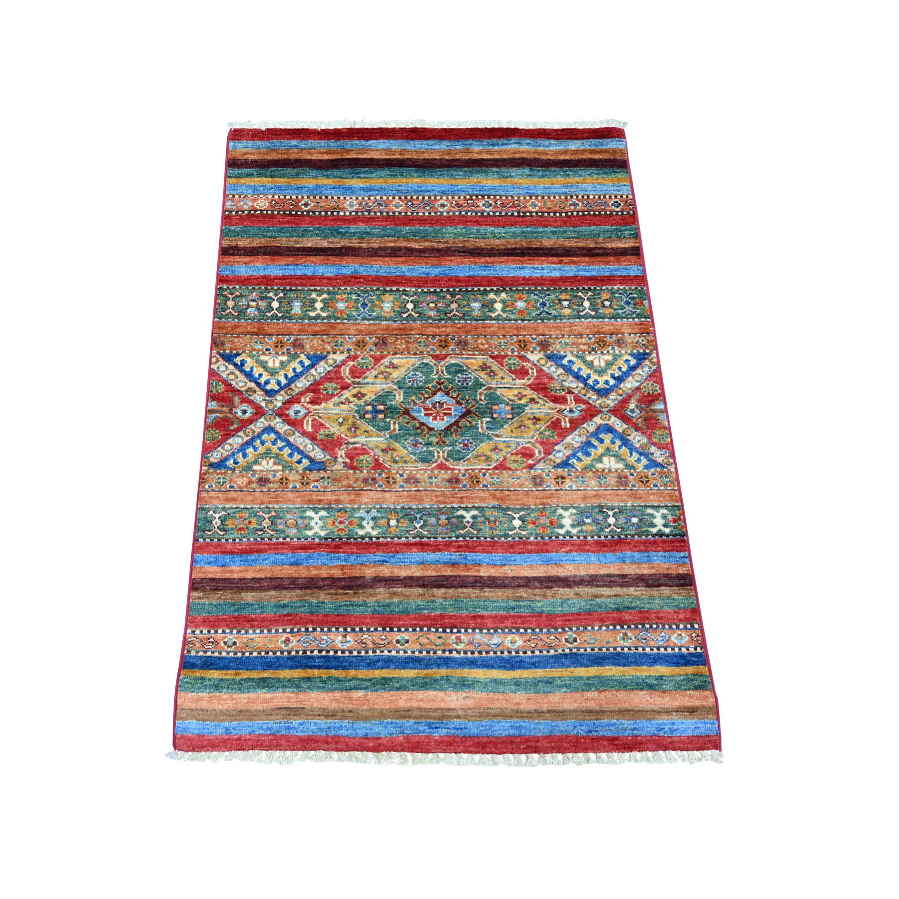 Crimson Red, Afghan Super Kazak with Khorjin Design, Hand Knotted, Soft and Velvety Wool, Vegetable Dyes, Sample, Mat, Oriental Rug